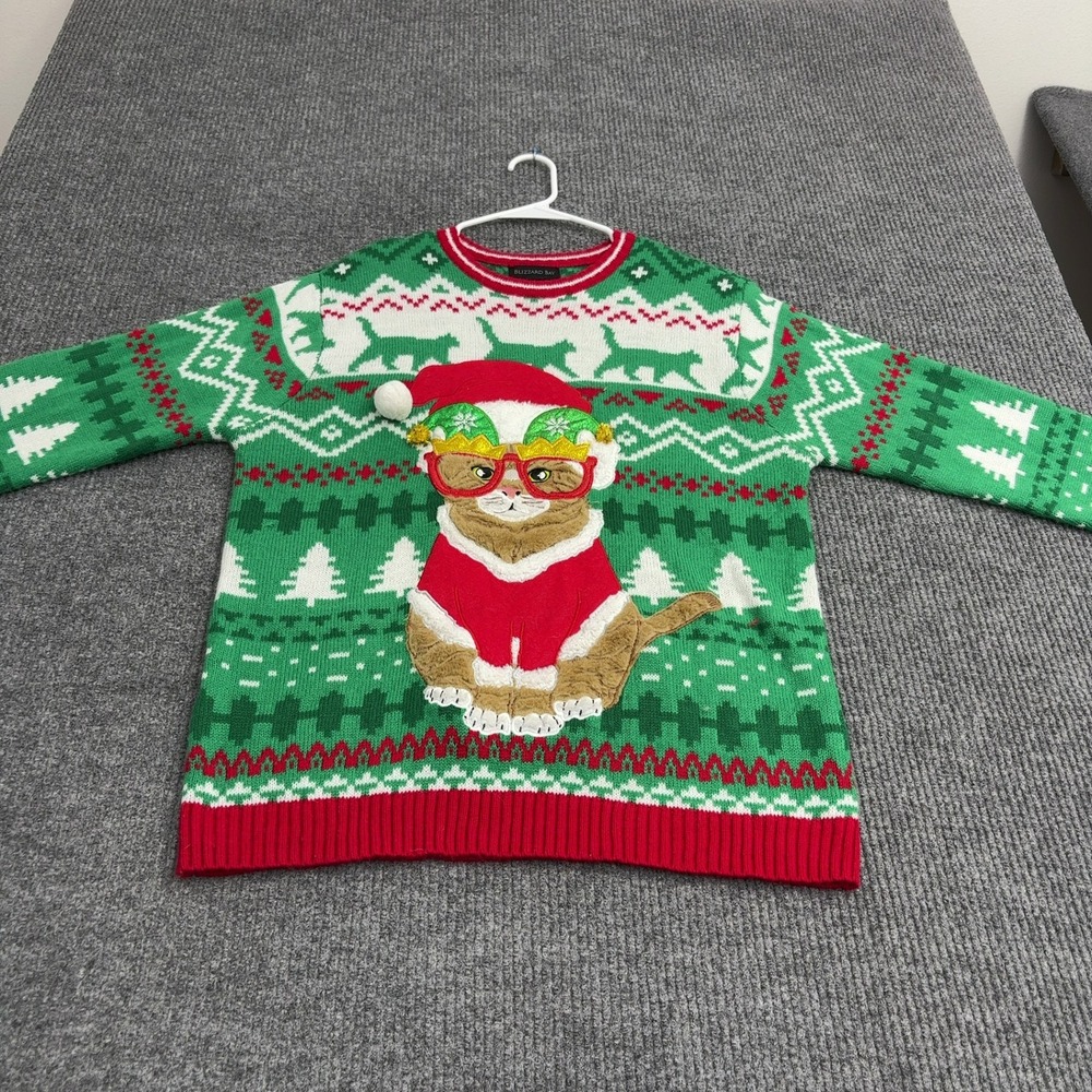 Blizzard Bay Sweater Mens L Green Acrylic Cat Santa Graphic Ugly Christmas Party
